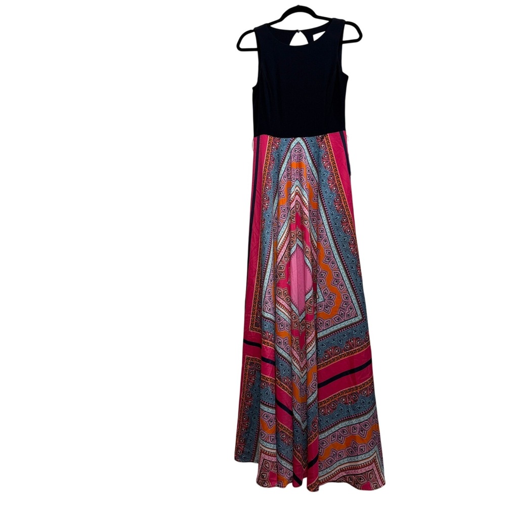 Eliza J Scarf Print Maxi Dress Womens Size 8 Navy Pink Sleeveless Keyhole Back